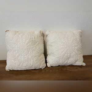 Set of Two Cream Crochet Throw Pillows. 14” square. Machine washable.